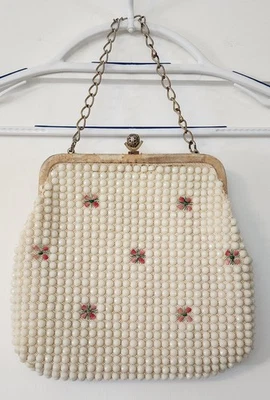 Vintage 50s White Beaded Evening Bag  Floral Embroidery & Ornate Filigree Clasp - Image 1 of 4
