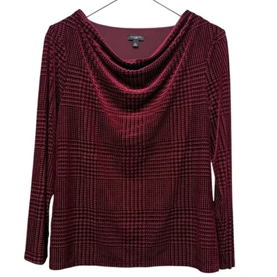 Talbots Red Velvet Top Size Large Petite Womens Draped Neck Holiday Houndstooth - Image 1 of 4