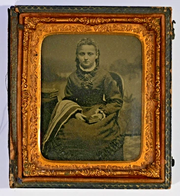 1860's Antique Sixth Plate Tintype Lovely Young Girl Holding Bible and Blanket - Image 1 of 3