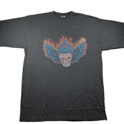 Camiseta De Lujo por LG Hombres De Colección Y2K Calavera Corona Alas de Fuego Tachonada 2XL K141 Foto 1 de 4