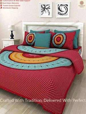 Sábana bajera doble de algodón estampada Jaipuri para decoración del hogar, 2 fundas de almohada Foto 1 de 4