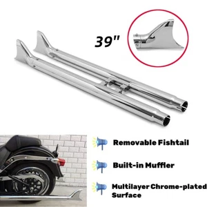 39IN. Fishtail Tips Exhaust Slip Ons Mufflers for Harley Softail Fatboy Deuce - Picture 1 of 10
