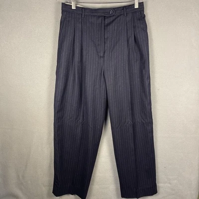 Vintage Rafaella Wool Pants Womens Sz 12 Blue Chalk Stripe Pleated Pocket Preppy - Image 1 of 4