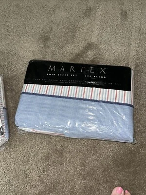 Martex 200 Blend City Stripes Blue/Red Twin Bedding Sheet Set  2 Sets - Image 1 of 4