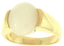 Natural White Jadeite Jade Oval Set 14K Yellow Gold Semi-Bezel Ring, Size 7.25