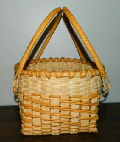 Woven Wicker Decorative Gathering Basket Round Rim Square Base 2 Swing Handles Cover