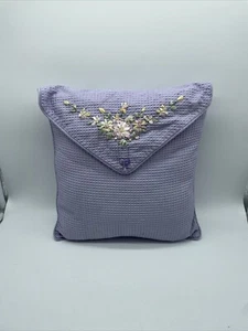 Crewel Embroidered Pillow Purple Floral Waffle Throw 14” - Picture 1 of 5