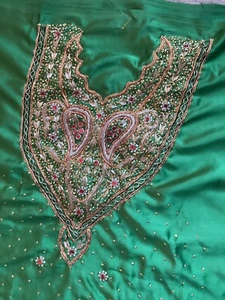 Asian Style Green Silky Material With Jewel Embellishment 43” X 136” For A Sari - Picture 1 of 5