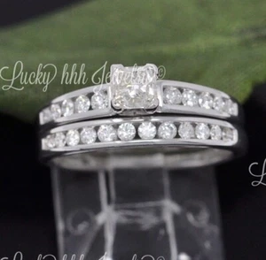 1 ct 14k White Gold Ladies Natural Diamond Ring Wedding Engagement Set Princess - Picture 1 of 6