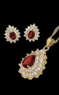 Yellow gold finish pearcut Ruby & created diamond necklace and earrings gift Set - Image 1 of 4