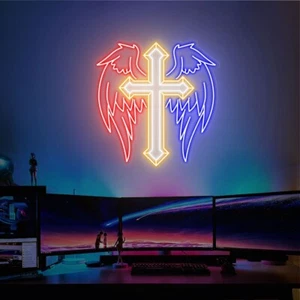 Custom Neon Sign Angel Wings Cross With Wing Neon Sign Game Room Wall Art Light - Picture 1 of 6