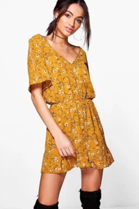 Boohoo Ruffle Floral Printed Mustard Yellow & White Girly Romper Jumpsuit - Picture 1 of 4