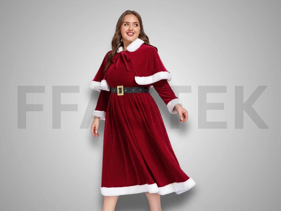 Santa Claus Costume for Women | Velvet Red Dress with Hood & Fur Trim. - Image 1 of 4