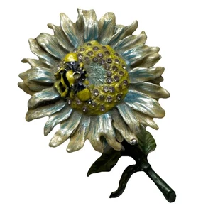 Emaille Sonnenblume Metall Schmuckschatulle mit Biene magnetisch mit Schmucksteinen besetzt - Bild 1 von 8