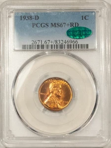 1938-D LINCOLN CENT - PCGS MS-67+ RD, SUPERB W/ LUSTER, PQ! & CAC APPROVED! - Picture 1 of 3
