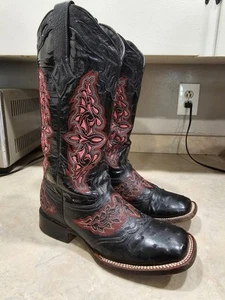 Womens 8 B Lucchese Amberlyn Black Pink OSTRICH Square Toe Western Cowboy Boots - Picture 1 of 13
