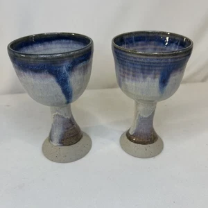 Studio Art Pottery Wine Goblets Chalices Drip Glazed Earth Tones & Blue Set of 2 - Picture 1 of 16
