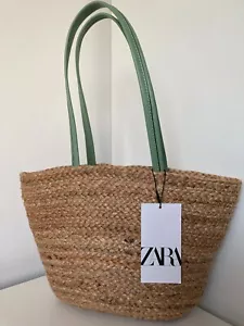 ZARA small JUTE basket TOTE BAG green pu leather handles pocket green NEW - Picture 1 of 19