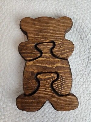 Quebra-cabeça vintage feito à mão de madeira manchada urso 3 peças brinquedo decoração bebê - Imagem 1 de 4