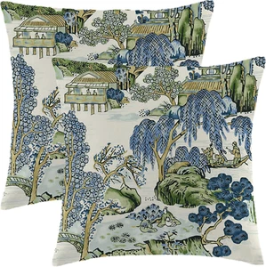 Chinoiserie Pillow Covers 20X20 Inch Set of 2, Asian Scenic Blue and Kelly Green - Picture 1 of 12