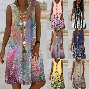 Womens Boho Floral Tank Mini Dress V Neck Summer Sleeveless Loose Swing Sundress - Picture 1 of 26