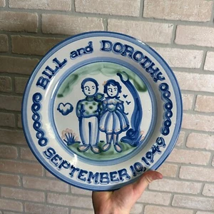 M A Hadley Art Pottery Blue Large 12-1/2" Serving Tray Platter Farmer and Wife P - Picture 1 of 5