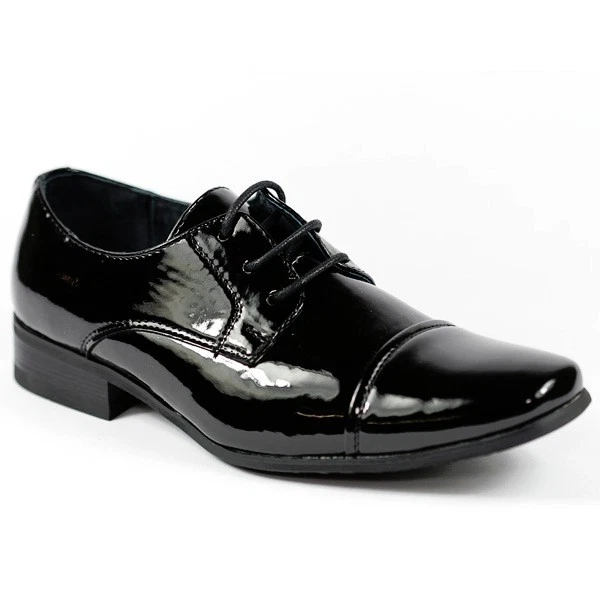Black Patent Boy's Kids Lace Up Cap Toe Oxford Dress Shoes Conal - Image 1 of 1