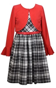 Bonnie Jean Girls 4-16 Christmas Holiday Plaid Party Dress Red Cardigan Outfit - Picture 1 of 3