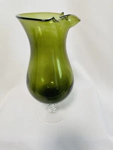 MCM Empoli Glass Italy Dark Olive Green No Handle Pitcher Ice Lip 1950's 10" T - Picture 1 of 12