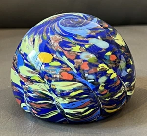 Signed Ken Ostrow Art Glass Multicolor Blue & Yellow Swirl Paperweight - Picture 1 of 7