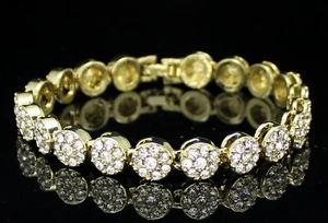 1 Row Cluster 14k Gold Plated Hip Hop Tennis Luxury CZ Bracelet - Picture 1 of 3