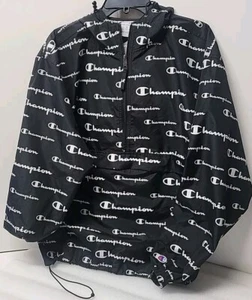 Champion Windbreaker Hoodie Jacket Men’s Medium All Over Print Script Logo Black - Picture 1 of 8