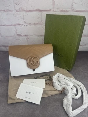 Gucci Marmont Chevron Quilted Tan Monochrome Chain Crossbody Clutch Mini NEW - Image 1 of 4