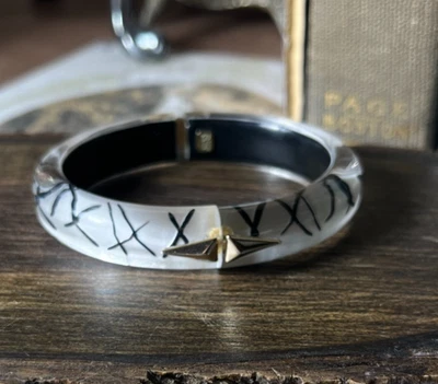 Alexis Bittar Lucite Hinged Bangle Bracelet Black & White V963 - Image 1 of 4
