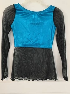 Showtime Creations Dance Outfit Size S Long Sleeve Black Mesh/Blue Glitter Top - Picture 1 of 7