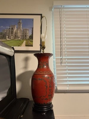 VTG Red Chinese Lacquered Table Lamp with Hand-Painted Designs Chinese - Image 1 of 4