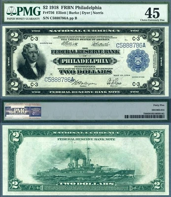 1918 $2 Federal Reserve Bank Note FR-756 Philadelphia PMG EF 45 The Battleship - Image 1 of 4