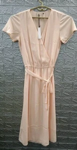 New Three Eighty Two Luna Short Sleeve V Neck Belted Midi Dress Peach Size Large - Picture 1 of 5