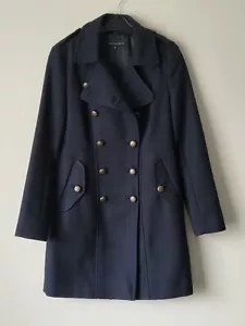 FRENCH CONNECTION Military Coat Navy Blue Wool Blend Fitted ~ Size Uk 10 Vgc - Picture 1 of 15