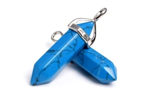 2 Pcs 40x8MM Turquoise Beads Hexagonal Pointed Pendant AAA Silver Plated Cap - Picture 1 of 3