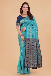 Woman's Kota Litchi Jacquard Border Sky blue Saree with Unstitched Blouse. - Bild 1 von 3