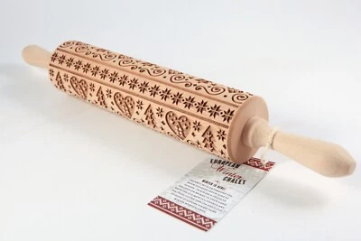 Wooden Rolling Pin Embossed Christmas Tree Snow Hearts Design 17” Poland NIB - Image 1 of 4