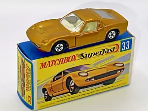 MATCHBOX LESNEY No33 LAMBORGHINI MIURA GOLD WITH NARROW WHEELS IVORY INTERIOR NM - Picture 1 of 9