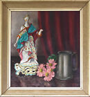 Oil on board by Enid Clarke, still life with figurine and chrysanthemum