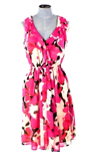 Ann Taylor Summer Fit Flare Dress Pink Floral Ruffle Sleeveless Size UK 4 BNWT - Picture 1 of 6