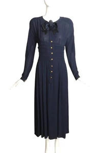 CHANEL BOUTIQUE- 1980s Navy Pleated Chiffon Dress, Size 12 - Picture 1 of 7
