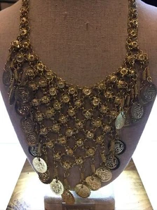Coin Dangle Long Tribal Necklace -Goldtone Bohemian - Picture 1 of 5
