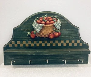 Vtg Country Kitchen Basket of Apples Green Red Wall Mount Shelf with Hooks - Picture 1 of 13