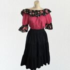 Vintage Square Up Dance Outfit Full Ruffle Skirt Puff Sleeve Blouse Black Pink M