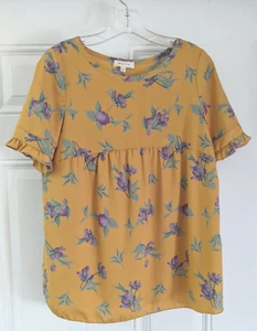 Hailey & Co Damen Blumen Oberteil M Kurzarm Rüschen Bluse gelb grün lila - Bild 1 von 4